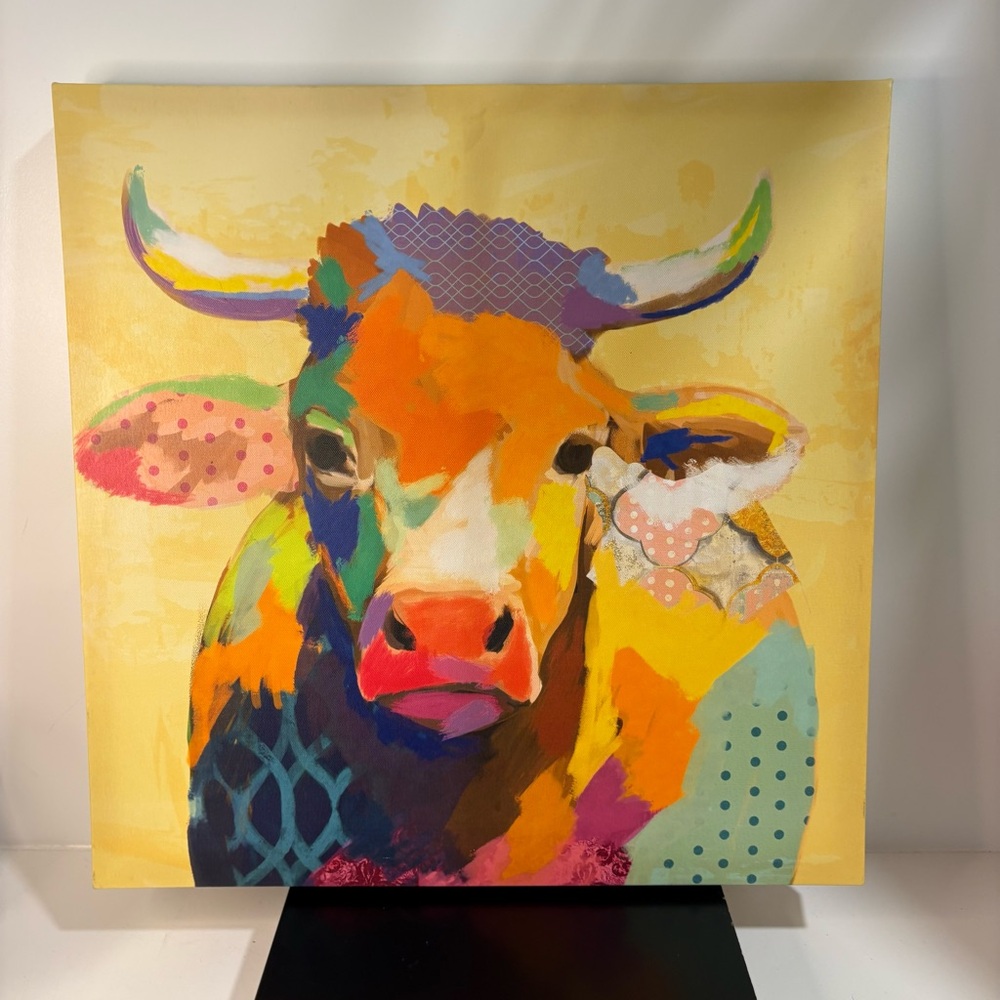 NWT Patchwork Cow On Stretched Canvas Sz 18x18
